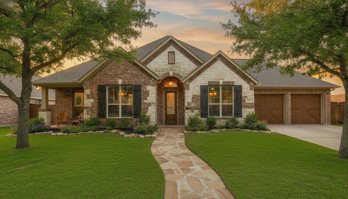 A welcoming brick-and-stone Texas suburban home at golden hour, illustrating the type of property owners can research using FBCAD appraisal data.