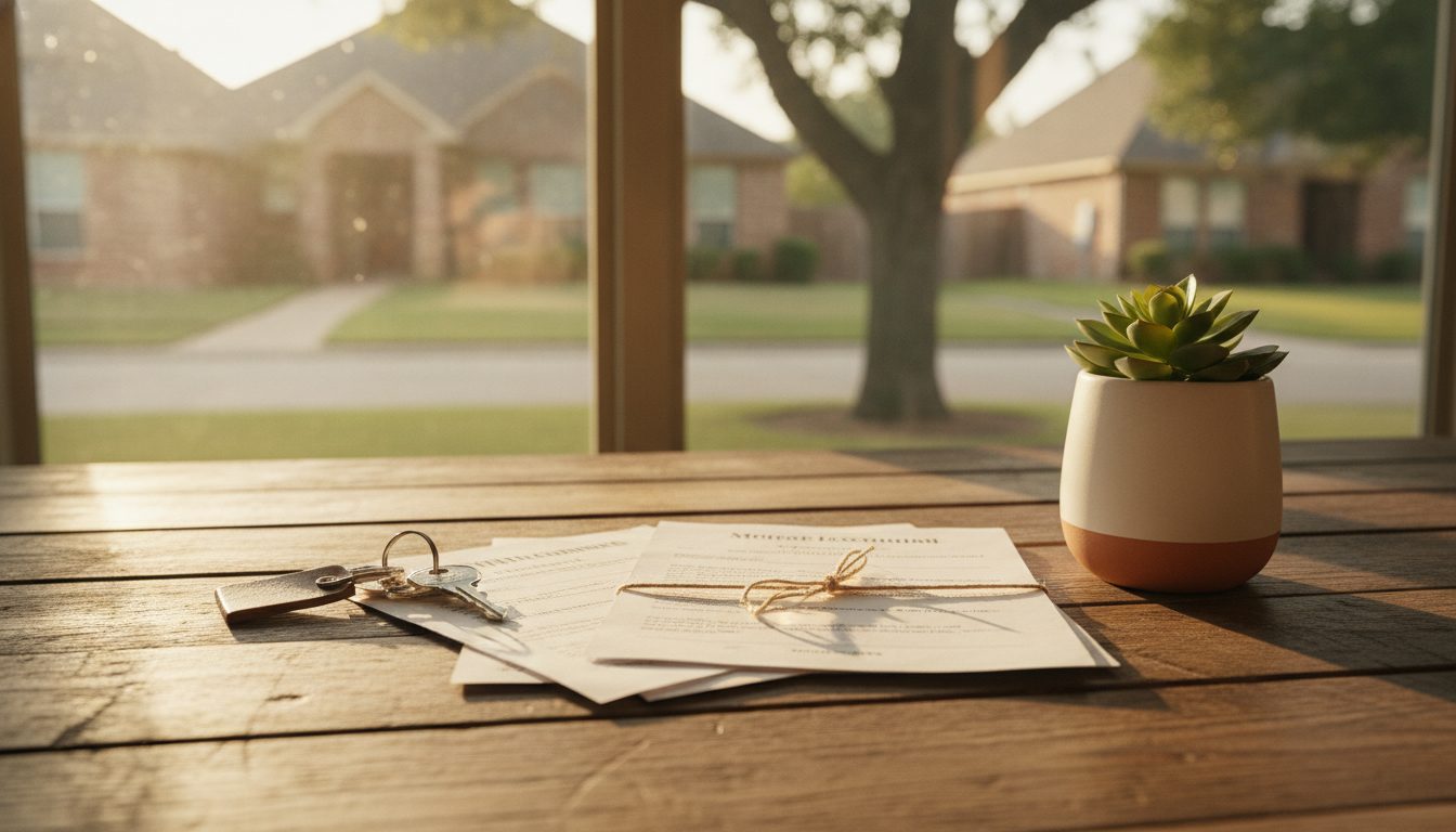 House keys and property paperwork arranged on a wooden table with a small potted plant, symbolizing the process of analyzing Dallas County appraisal data for property tax protests.
