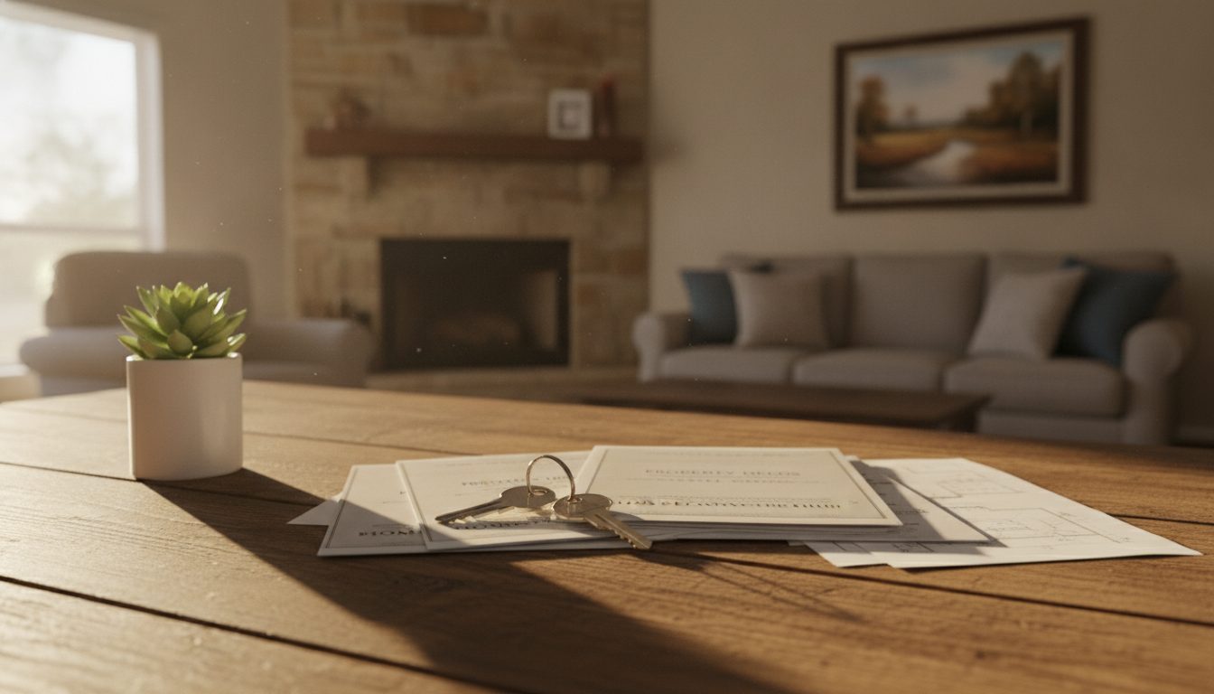 House keys and property paperwork on a wooden table with a small plant, lit by soft natural light, illustrating the detailed work involved in preparing Texas property tax protest documentation.