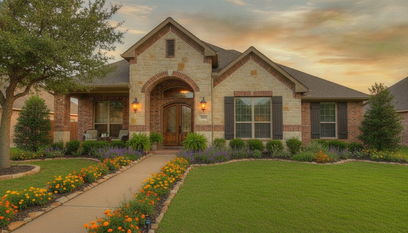 A welcoming brick-and-stone suburban home at golden hour, representing a Dallas County property potentially over-assessed for taxes.