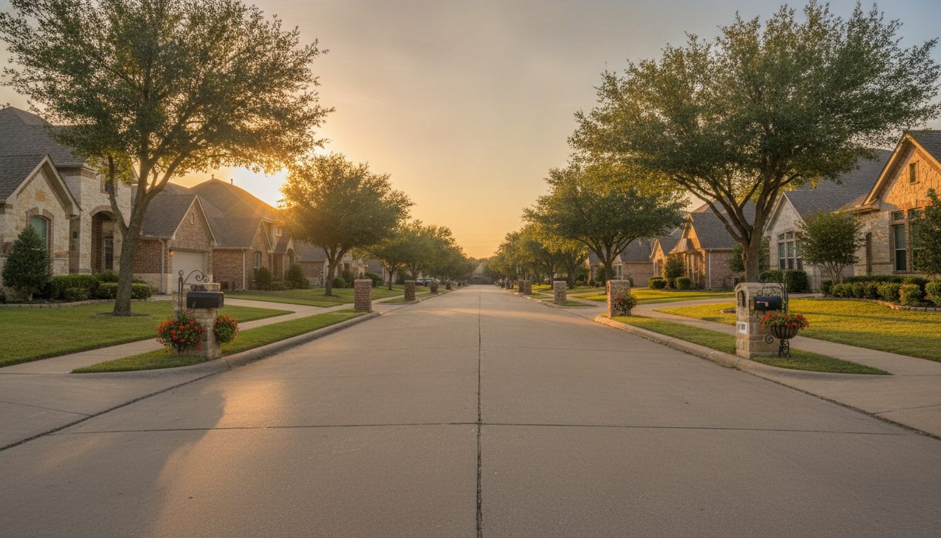A quiet suburban street with attractive homes and mailboxes bathed in golden-hour light, illustrating properties for Fort Bend County tax protest research.