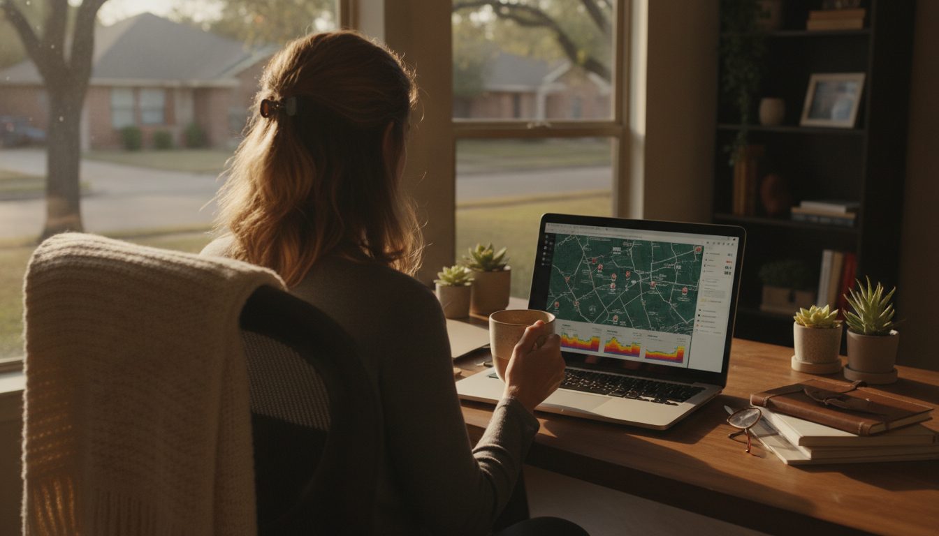 A person reviews property tax assessment data on a laptop in a cozy home office, looking for signs of over-assessment in Fort Bend County.