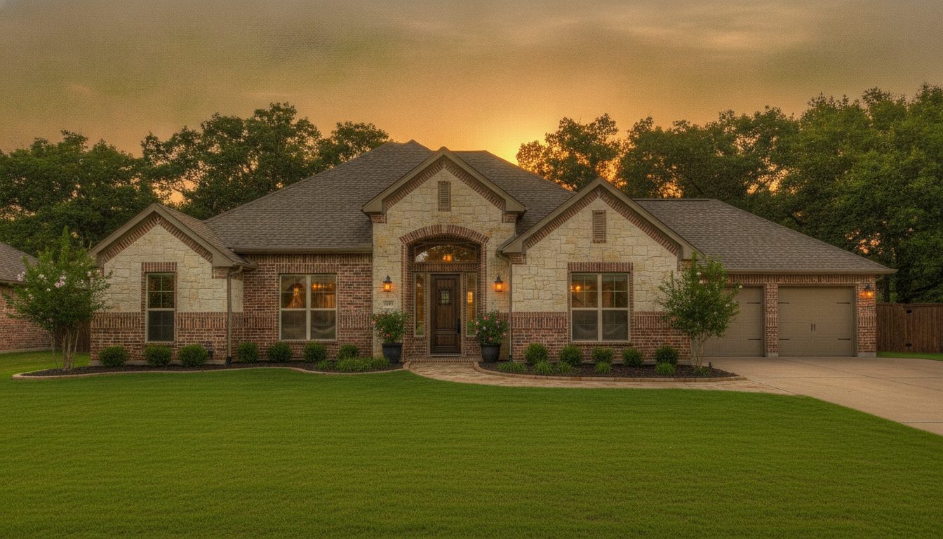 A welcoming Texas suburban home at golden hour, representing a typical property a Texan homeowner might evaluate for an overvalued tax appraisal.