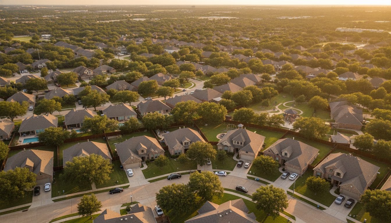 Aerial view of an Austin, Travis County neighborhood, illustrating a data analysis of over-assessed homes by ZIP code.
