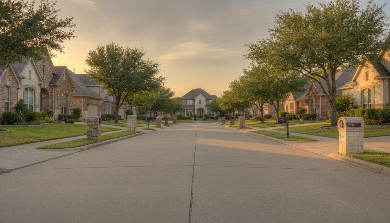 A quiet Texas residential street with attractive suburban homes and mailboxes at golden hour, illustrating where property tax assessment disparities often occur.